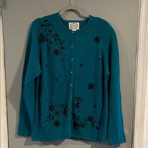 Vintage Stitches in Time Teal Embroided Beaded Cardigan Sweater Size M